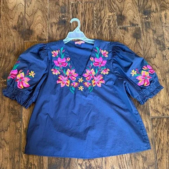 THML Navy Top with Pink and Yellow Label Detail, size large - Picture 2 of 6